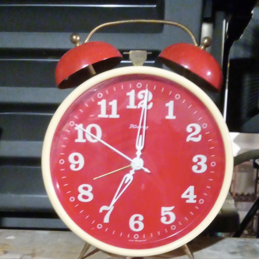 Vintage BLESSING West Germany Wind Up Red and Tan Mid Century Large Alarm Clock